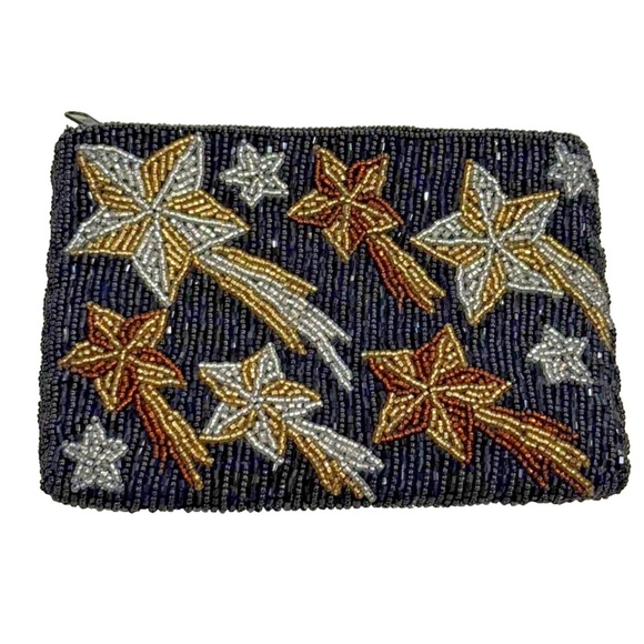 Neiman Marcus Beaded Shooting Stars Small Evening Bag Zipper Black/Silver/Gold - Picture 5 of 7